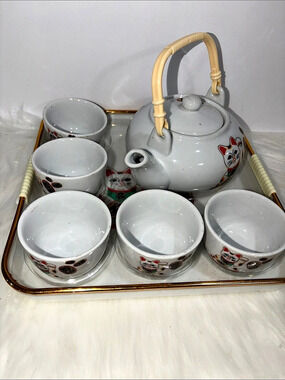 Cat Tea Set with Tray in White & Gold
